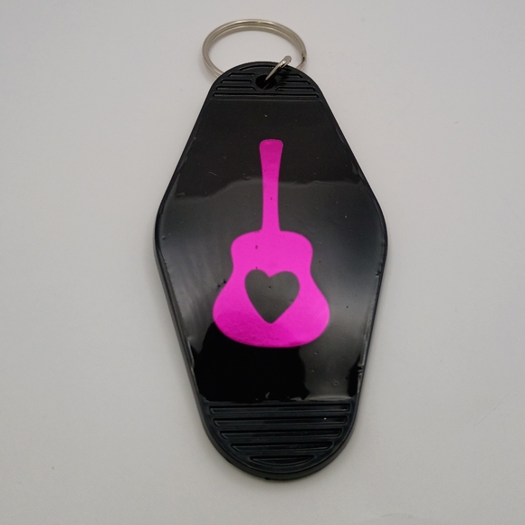Handmade Accessories - Motel Keychain Custom Retro Styled Pink Guitar With Heart Keyring.